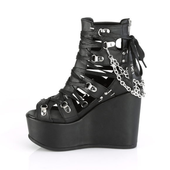 Goth Platform Wedge Bat Lace Up Cage Ankle Boots - Picture 3 of 5